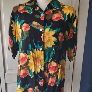 Vintage Sunflower Floral Button Down Rayon Top Size M